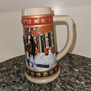 Budweiser Hometown Holiday Festive Cream and Red Mug with Horse Design